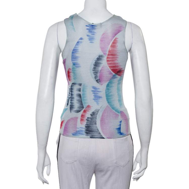 Pre Owned Giorgio Armani Grey Watercolor Printed Perforated Knit Tank Top XS