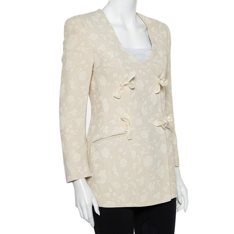 Pre Owned Giorgio Armani Cream Floral Jacquard Tie Detail Vintage Blazer XS