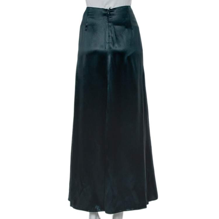 Pre Owned Giorgio Armani Green Sateen Slit Detail Flared Maxi Skirt M