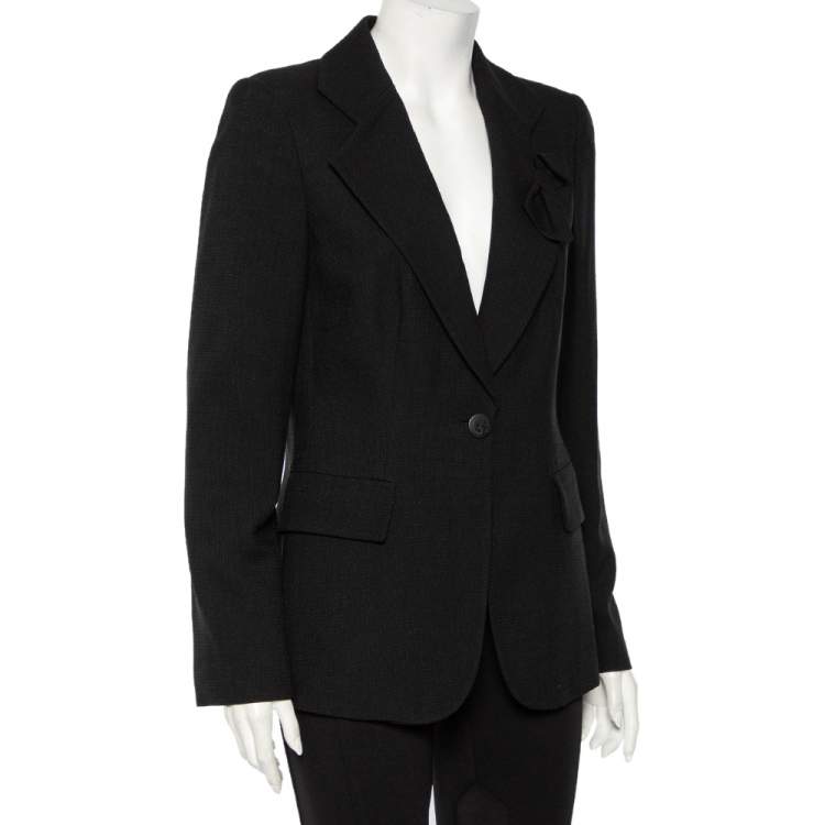 Pre Owned Giorgio Armani Black Textured Wool Bow Detail Button Front Blazer L
