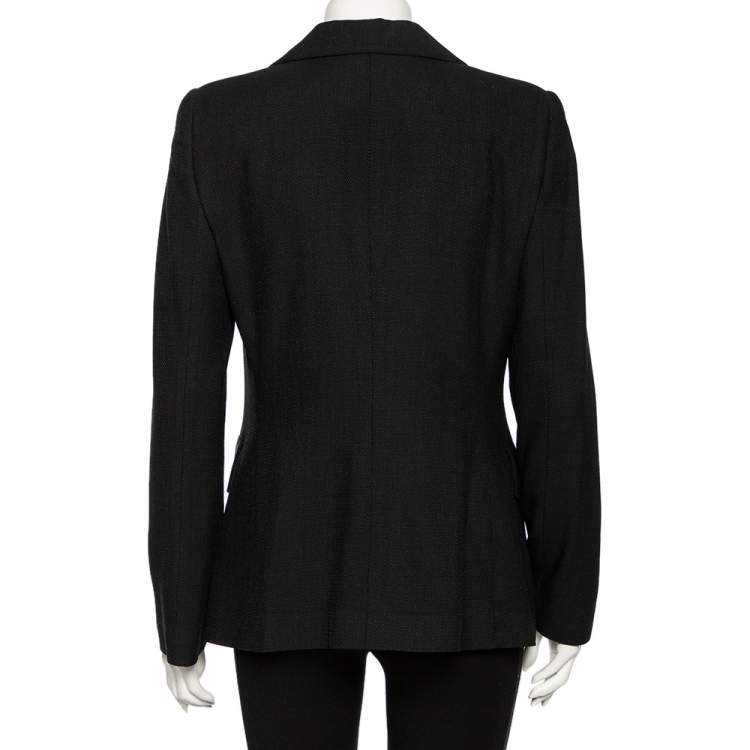 Pre Owned Giorgio Armani Black Textured Wool Bow Detail Button Front Blazer L