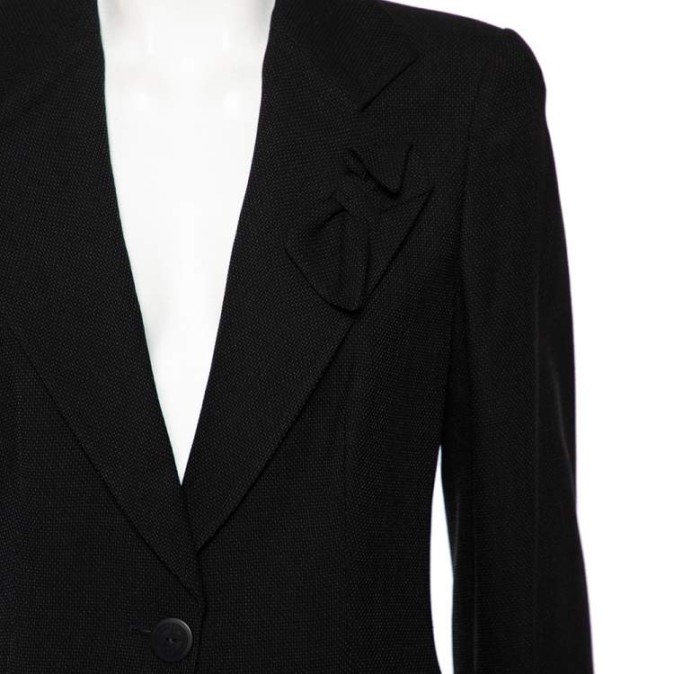Pre Owned Giorgio Armani Black Textured Wool Bow Detail Button Front Blazer L