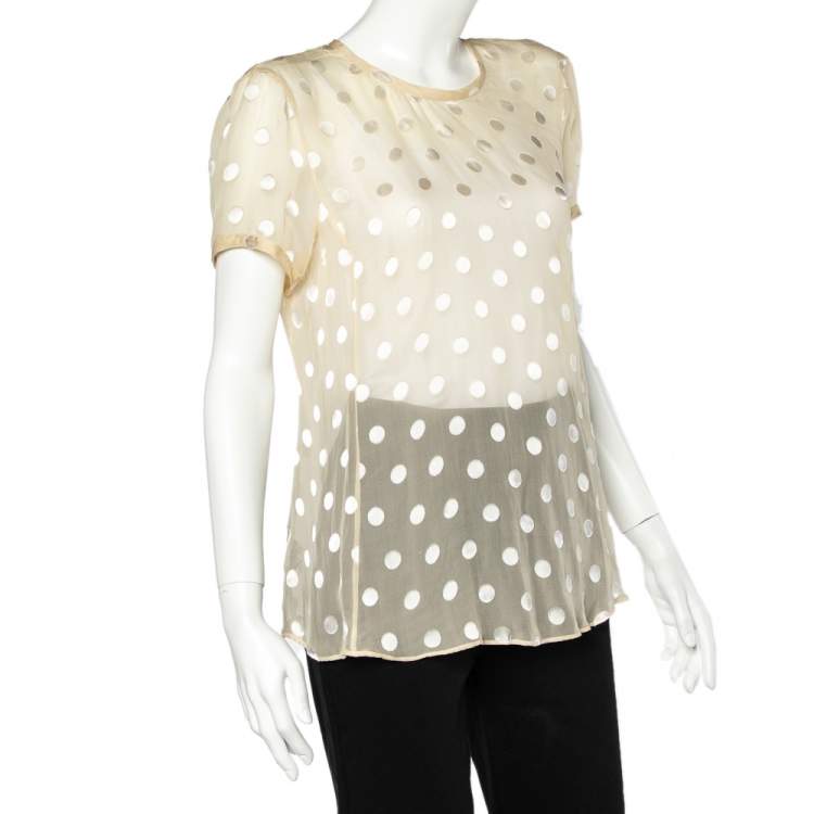 Pre Owned Giorgio Armani Yellow Polka Dot Silk Button Back Top L