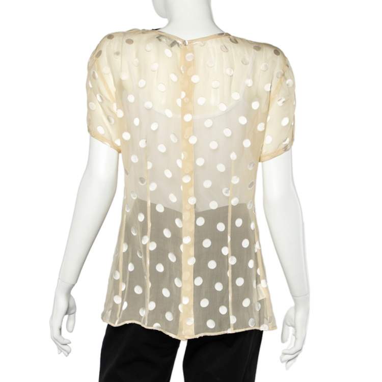 Pre Owned Giorgio Armani Yellow Polka Dot Silk Button Back Top L