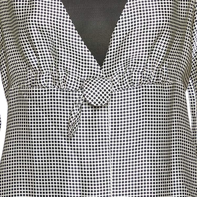 Pre Owned Giorgio Armani White Polka Dotted Silk Satin Gathered Blouse L