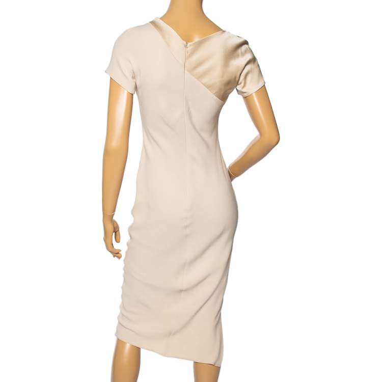 Pre Owned Giorgio Armani Cream Silk Contrast Asymmetric Yolk Paneled Midi Dress S