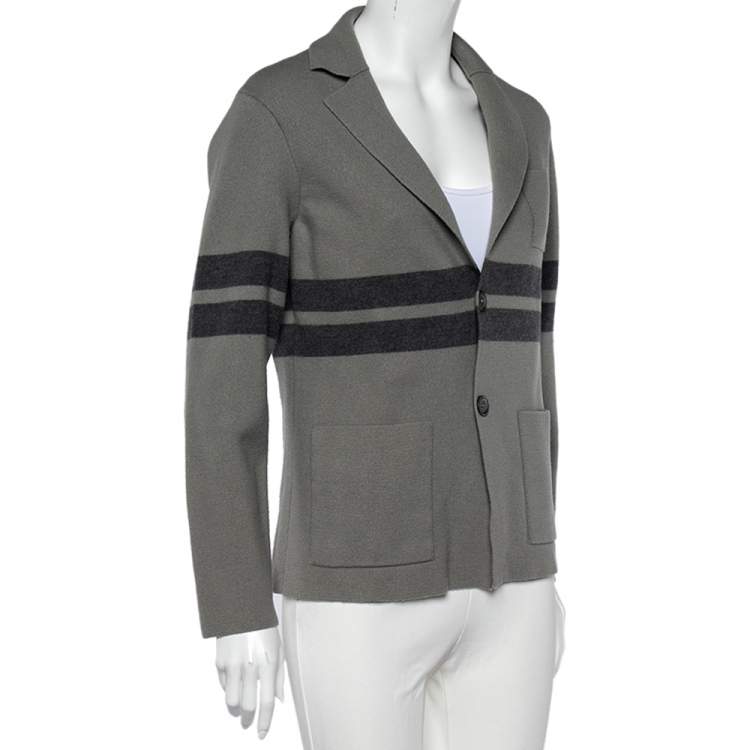 Pre Owned Giorgio Armani Grey Wool Stripe Detailed Button Front Cardigan XL