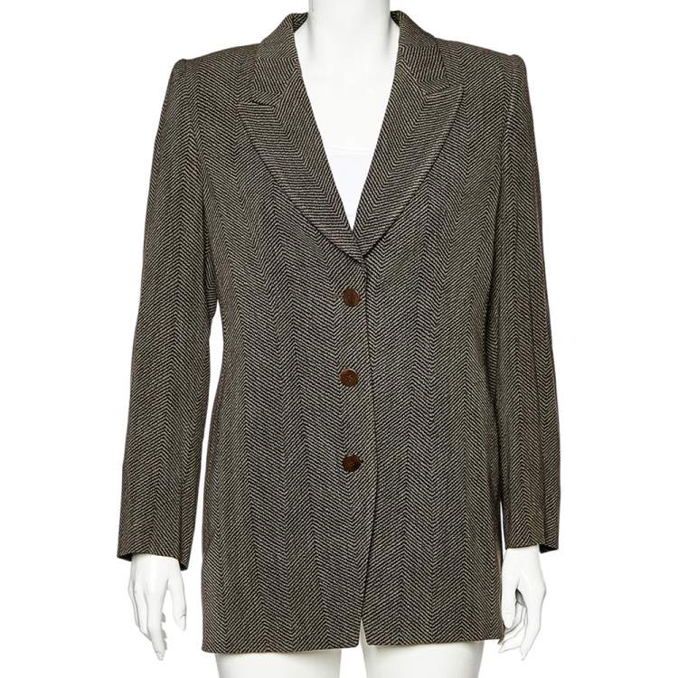 Pre Owned Giorgio Armani Brown Printed Wool & Silk Button Front Blazer L