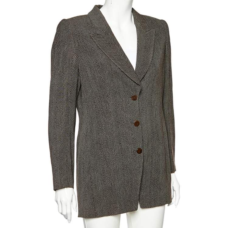 Pre Owned Giorgio Armani Brown Printed Wool & Silk Button Front Blazer L