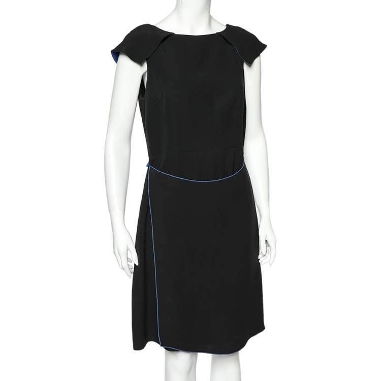 Pre Owned Giorgio Armani Black Silk Crepe Contrast Trimmed Wrap Detailed Dress M