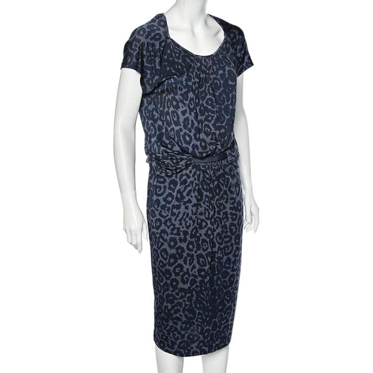 Pre Owned Giorgio Armani Blue Animal Printed Silk Jersey Cut-Out Back Detailed Dress L 