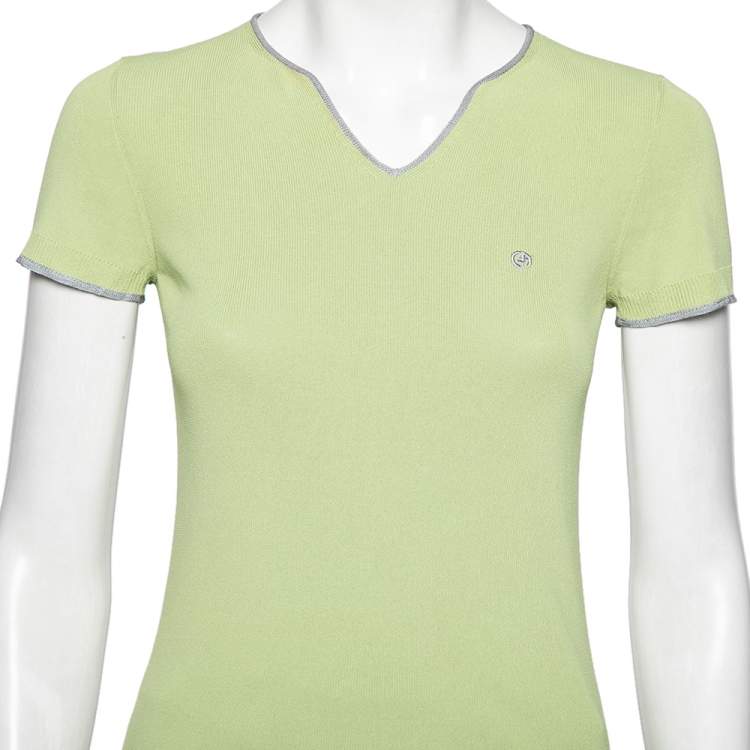Pre Owned Giorgio Armani Green Knitted V-Neck Short Sleeve T-Shirt S