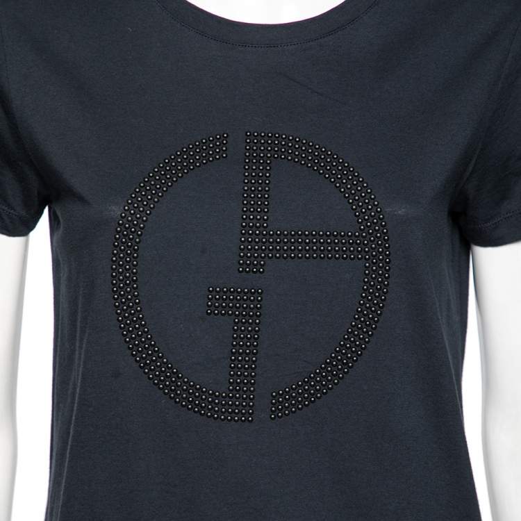 Pre Owned Giorgio Armani Navy Blue Logo Embellished Cotton T-Shirt M