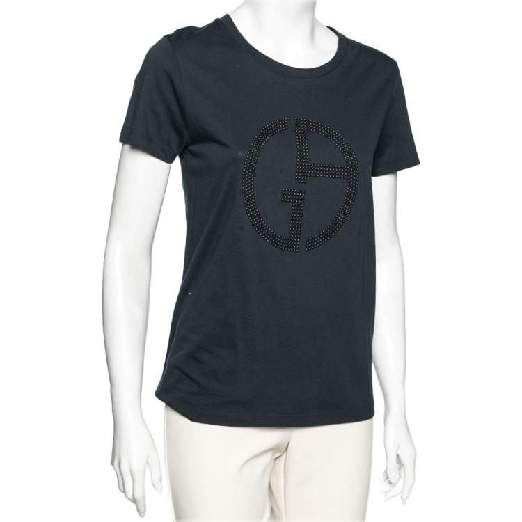 Pre Owned Giorgio Armani Navy Blue Logo Embellished Cotton T-Shirt M