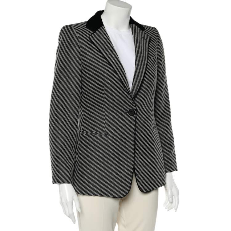Pre Owned Giorgio Armani Monochrome Striped Wool Button Front Blazer M