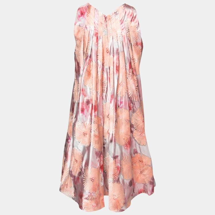 Pre Owned Giorgio Armani Pink Floral Jacquard Pleated Detail Shift Dress S