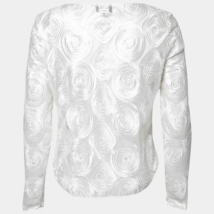 Pre Owned Giorgio Armani White Embroidered Tulle Long Sleeve Top M