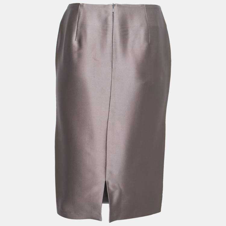 Pre Owned Giorgio Armani Grey Silk Satin Pleat Detail Skirt S