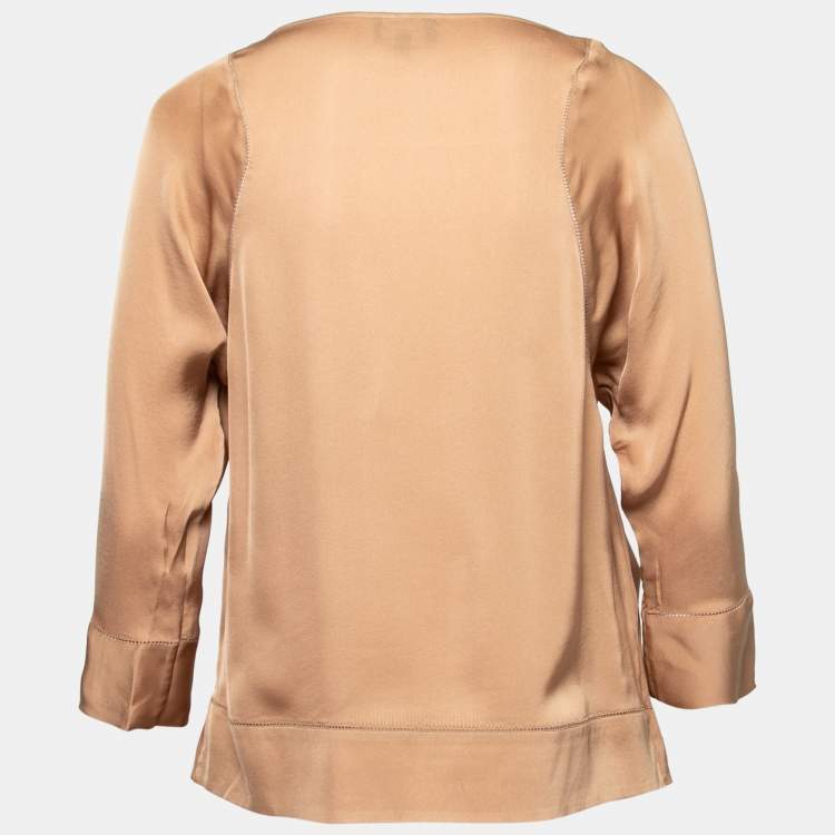 Pre Owned Giorgio Armani Beige Silk Draped Neck Long Sleeve Blouse S