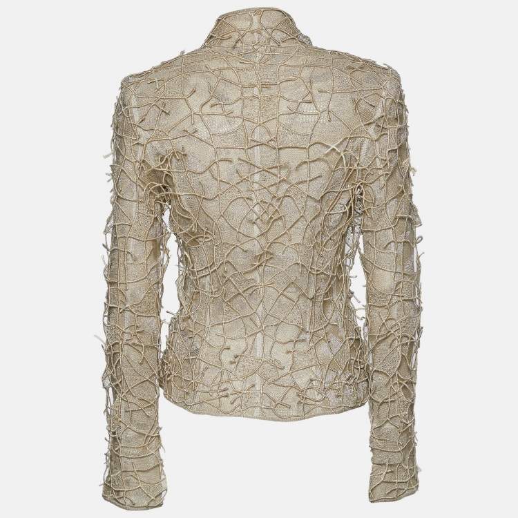 Pre Owned Giorgio Armani Cream Perforated Knit Applique Detail Buttoned Jacket M