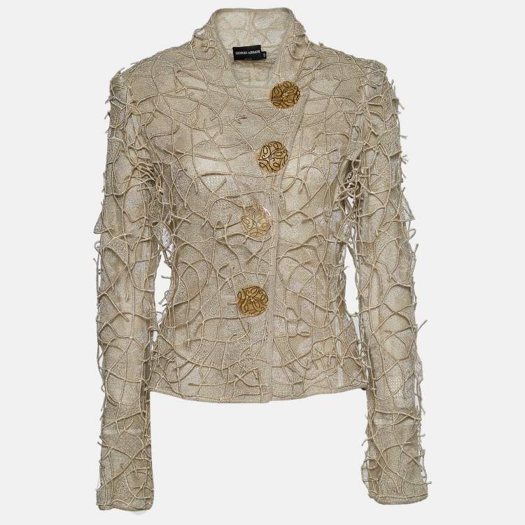 Pre Owned Giorgio Armani Cream Perforated Knit Applique Detail Buttoned Jacket M