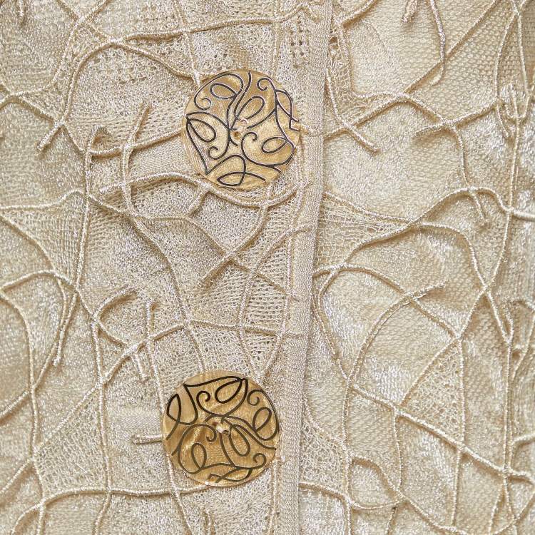 Pre Owned Giorgio Armani Cream Perforated Knit Applique Detail Buttoned Jacket M