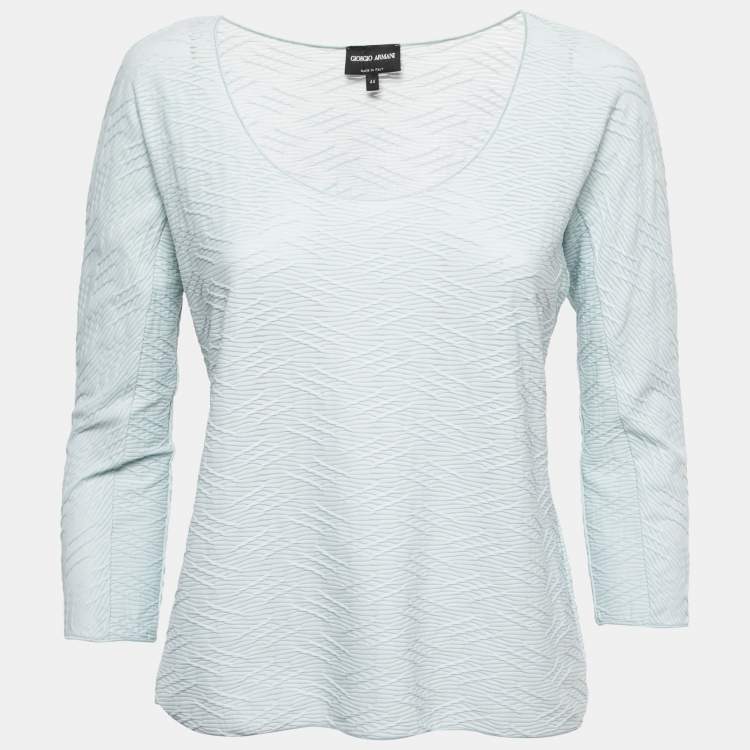 Pre Owned Giorgio Armani Light Blue Patterned Knit Long Sleeve T-Shirt M