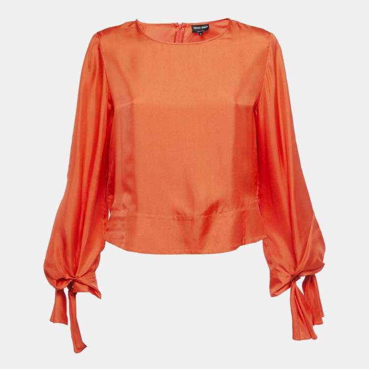 Pre Owned Giorgio Armani Orange Silk Tie Sleeve Detail Blouse S