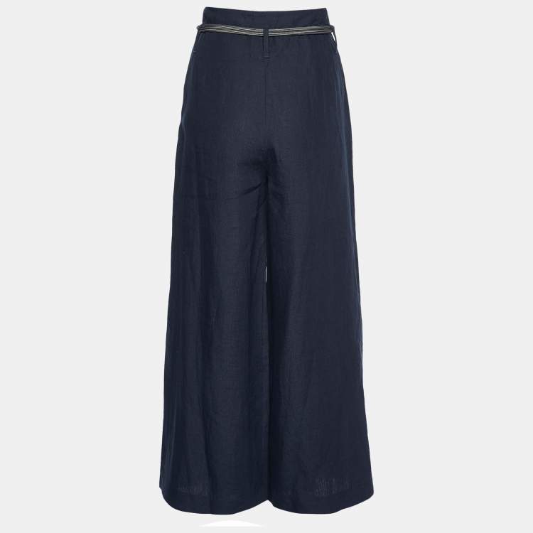 Pre Owned Giorgio Armani Navy Blue Linen Belted Pants XS
