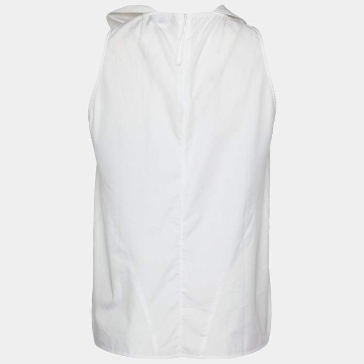 Pre Owned Giorgio Armani White Cotton Ruffle Neck Sleeveless Top S