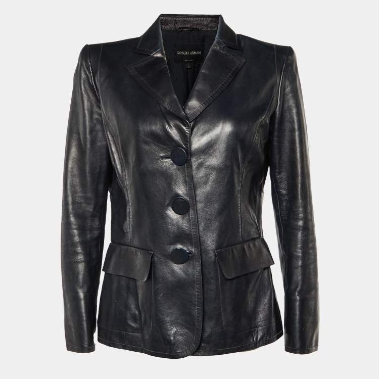 Pre Owned Giorgio Armani Black Leather Blazer Jacket M