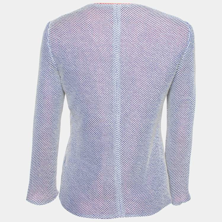 Pre Owned Giorgio Armani Blue/White Textured Cotton Zip Up Jacket M