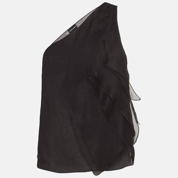 Pre Owned Giorgio Armani Black Silk Organza Pleated One Shoulder Top S