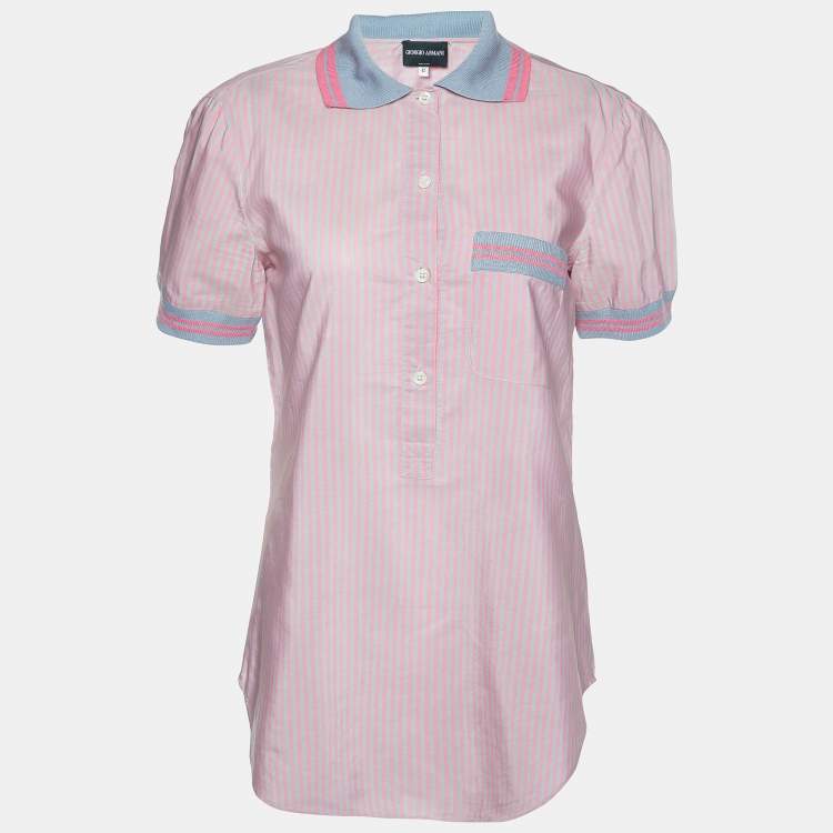 Pre Owned Giorgio Armani Pink Stripe Poplin Half Placket Shirt M