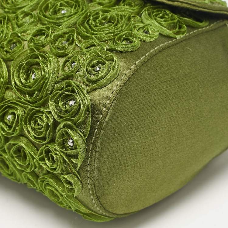 Pre Owned Giorgio Armani Olive Green Satin Floral Applique Tassel Bag