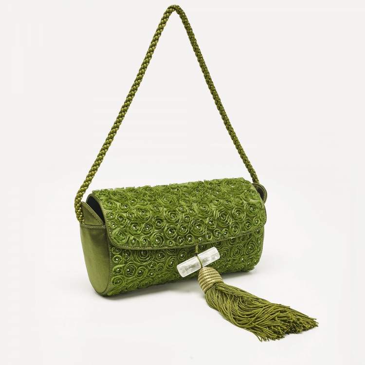 Pre Owned Giorgio Armani Olive Green Satin Floral Applique Tassel Bag