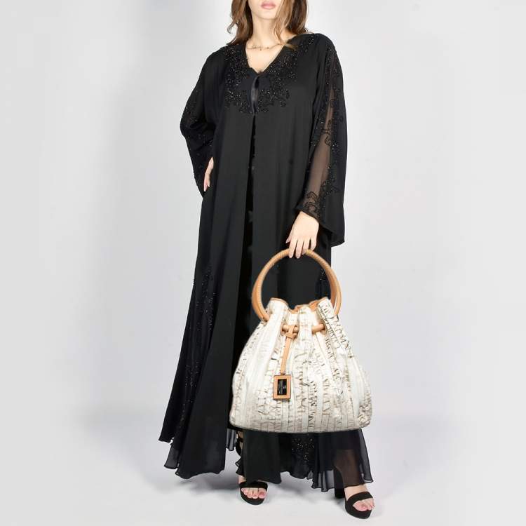 Pre Owned Giorgio Armani White/Brown Print Canvas and Leather Pleated Ring Handle Hobo