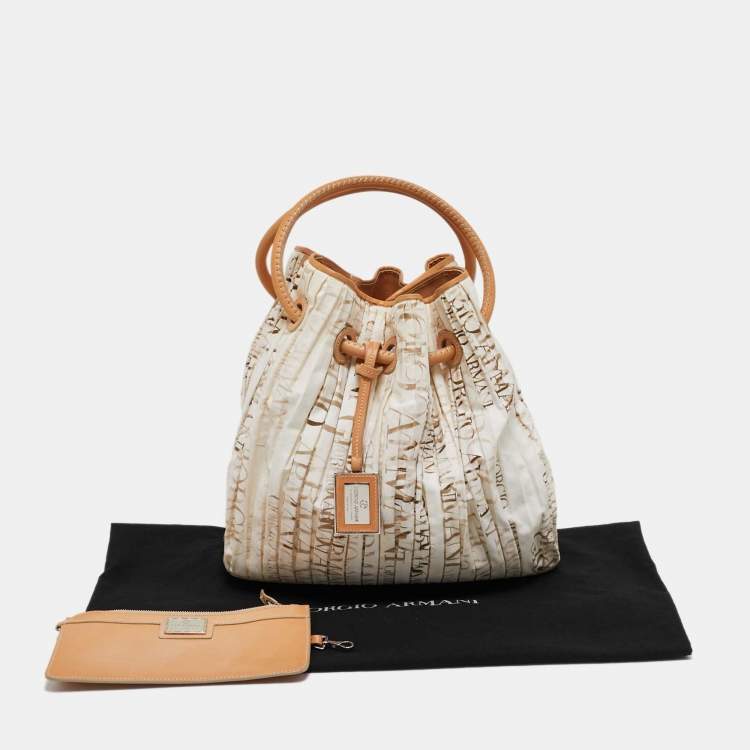 Pre Owned Giorgio Armani White/Brown Print Canvas and Leather Pleated Ring Handle Hobo
