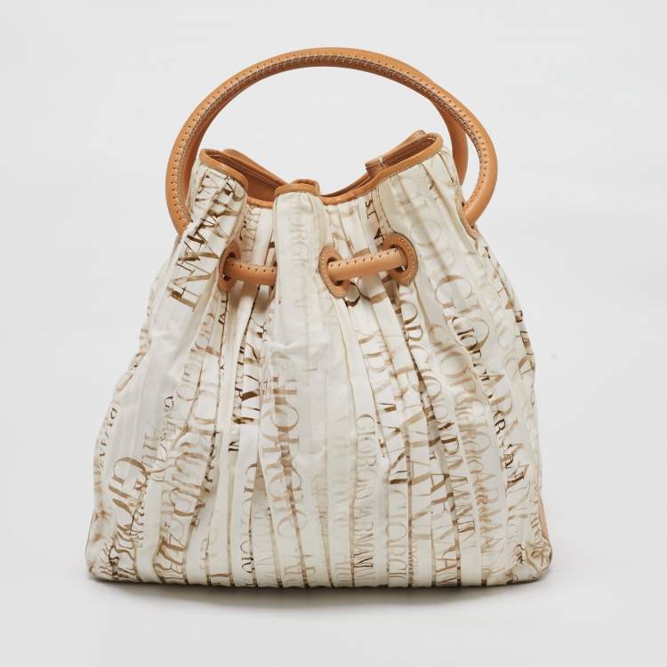 Pre Owned Giorgio Armani White/Brown Print Canvas and Leather Pleated Ring Handle Hobo