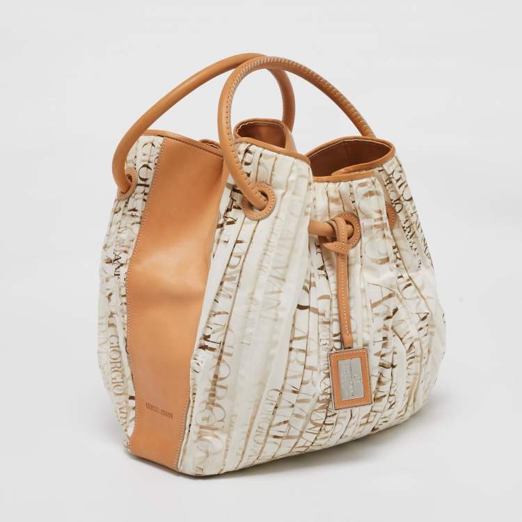 Pre Owned Giorgio Armani White/Brown Print Canvas and Leather Pleated Ring Handle Hobo