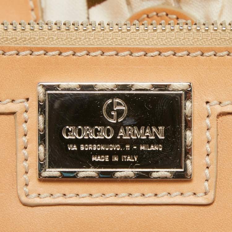 Pre Owned Giorgio Armani White/Brown Print Canvas and Leather Pleated Ring Handle Hobo