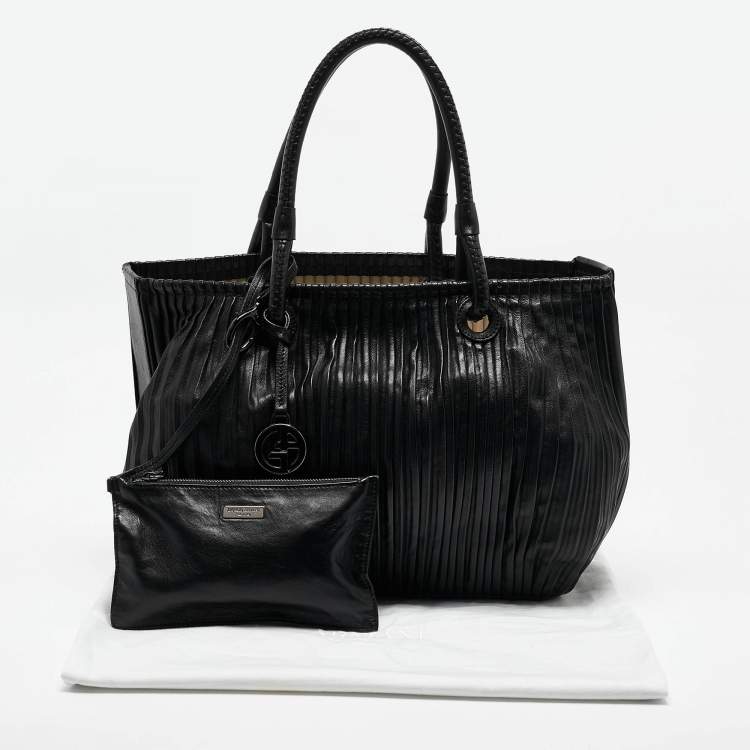Pre Owned Giorgio Armani Black Pleated Leather Tote