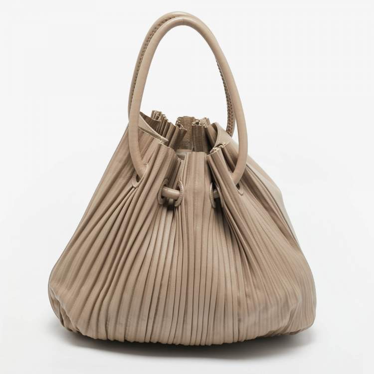 Pre Owned Giorgio Armani Beige Leather Pleated Hobo