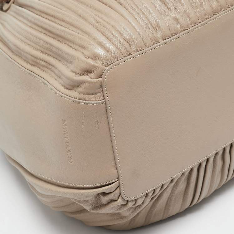 Pre Owned Giorgio Armani Beige Leather Pleated Hobo