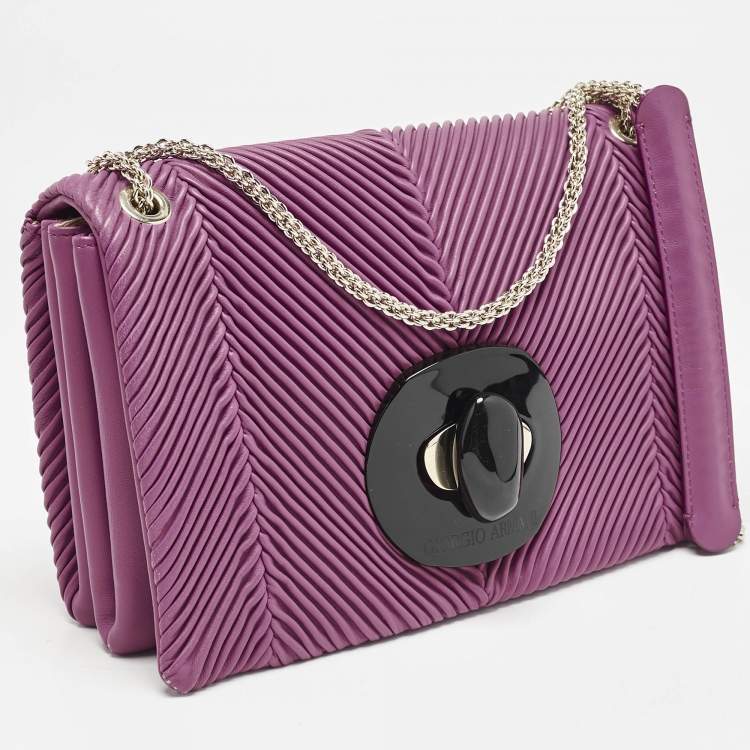 Pre Owned Giorgio Armani Fuchsia Textured Leather Flap Chain Bag