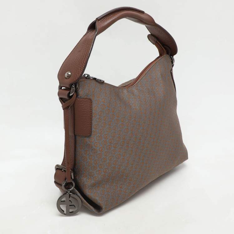 Pre Owned Giorgio Armani Brown/Grey Signature Canvas and Leather Hobo