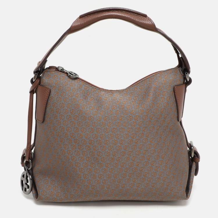 Pre Owned Giorgio Armani Brown/Grey Signature Canvas and Leather Hobo