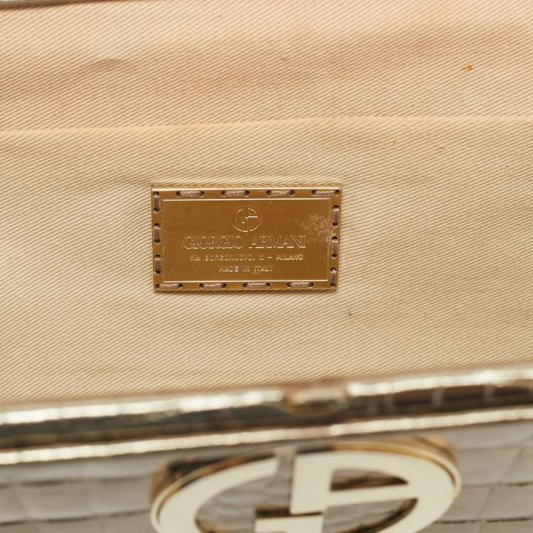 Pre Owned Giorgio Armani Gold Croc Embossed Patent Leather Frame Clutch