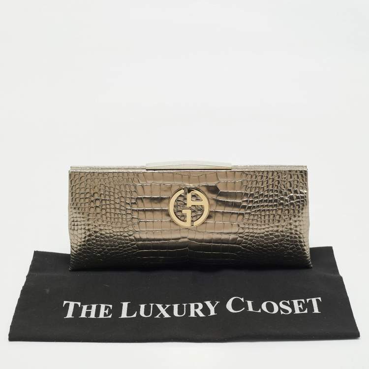 Pre Owned Giorgio Armani Gold Croc Embossed Patent Leather Frame Clutch