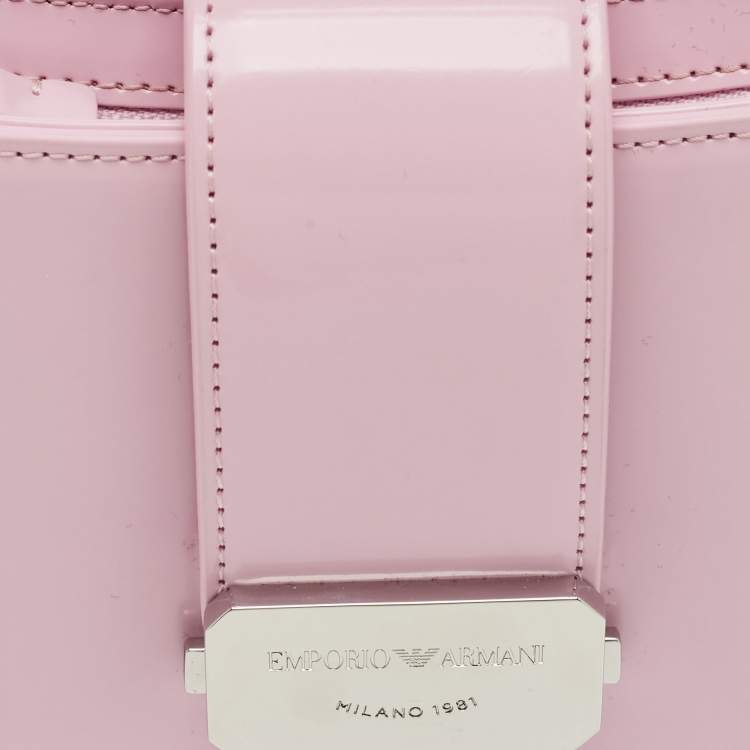 Pre Owned Giorgio Armani Pink Patent Leather Logo Flap Shoulder Bag